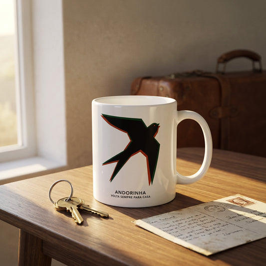 Mug Andorinha posé sur une table en bois près d'une fenêtre, avec des clés, une carte postale manuscrite et une valise en cuir