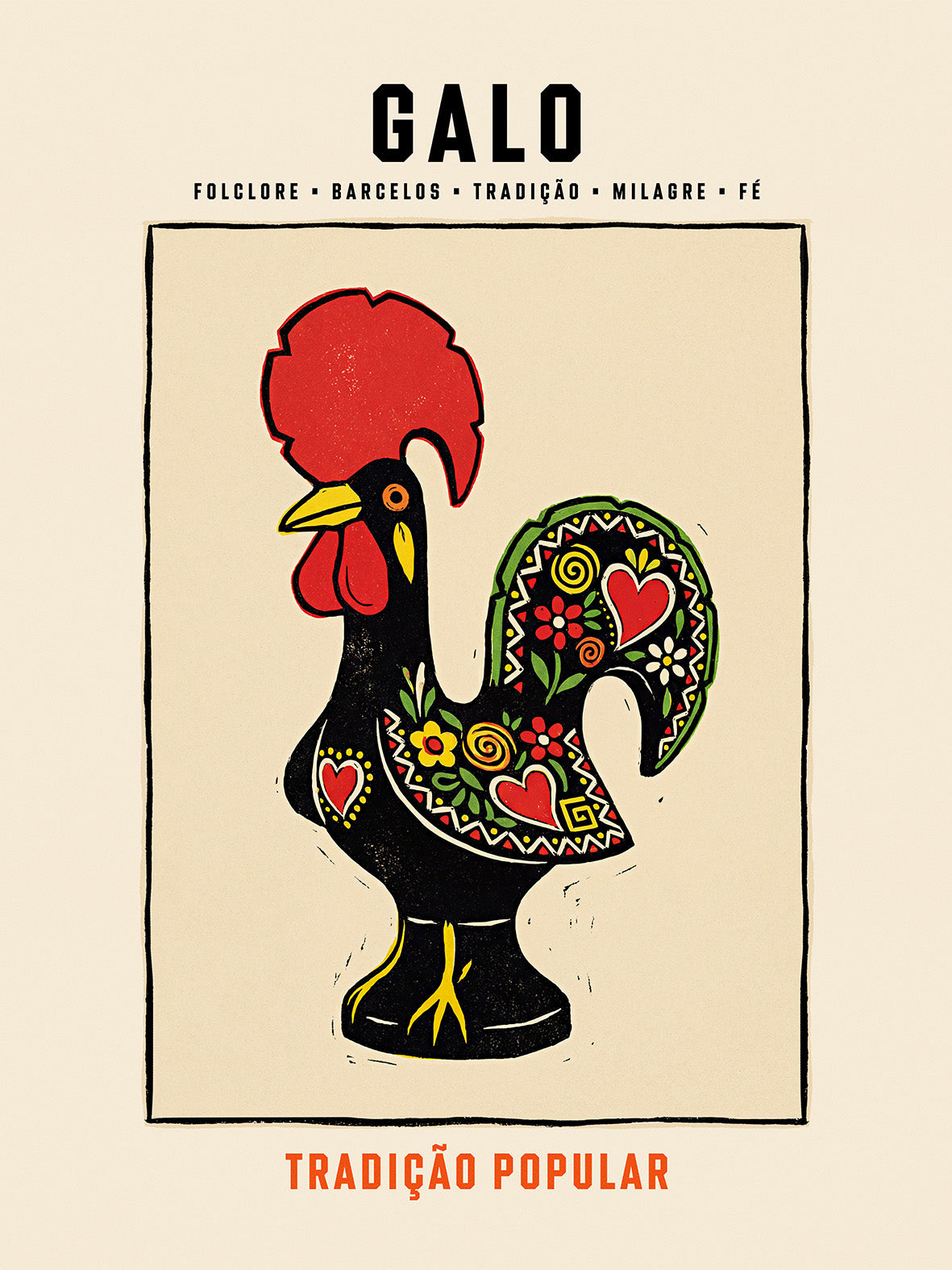 Poster illustration Galo de Barcelos coq portugais noir crête rouge folklore tradition TifoArt