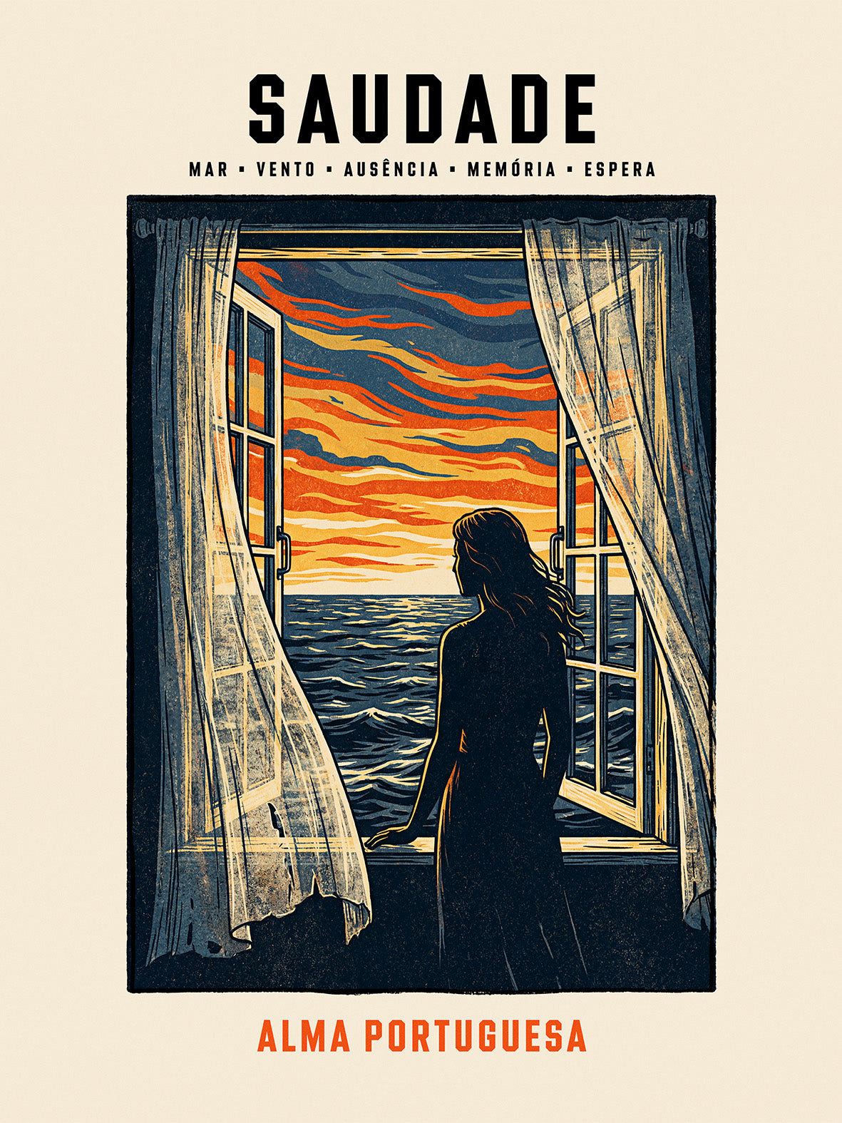 Poster illustration Saudade silhouette femme fenêtre océan ciel strié âme portugaise TifoArt