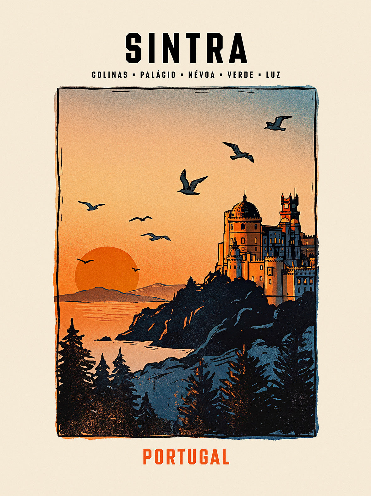 Poster illustration Sintra Palácio da Pena château romantique forêt oiseaux coucher de soleil TifoArt