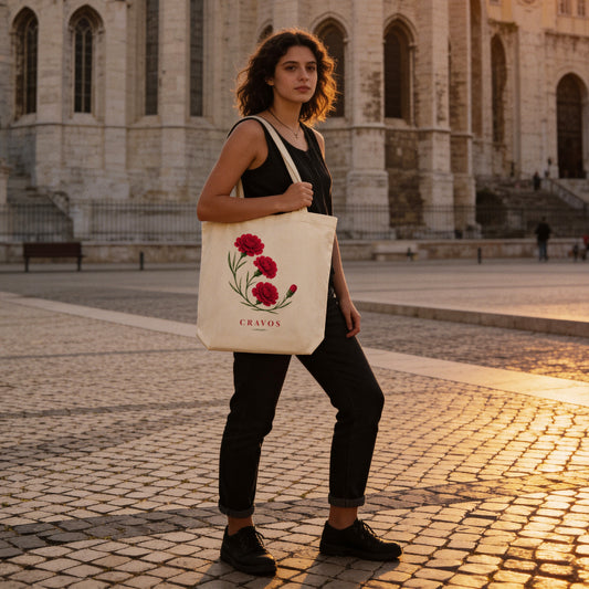 Sac tote Cravos porté à l'épaule à Largo do Carmo Lisbonne au coucher de soleil, bouquet d'œillets rouges, TifoArt