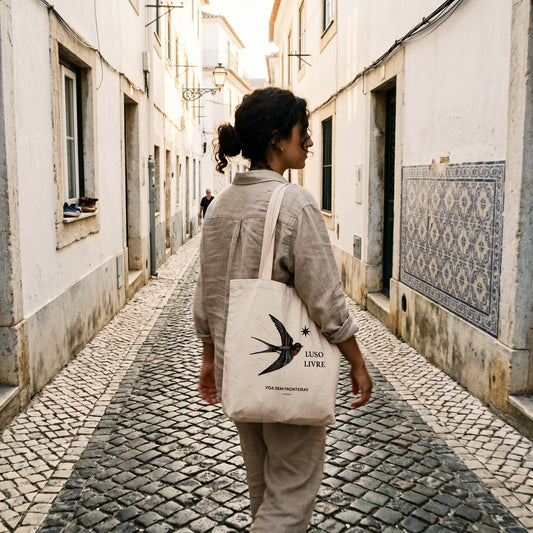 Sac Luso Livre porté dans une ruelle azulejos Lisboa diaspora portugaise voyage