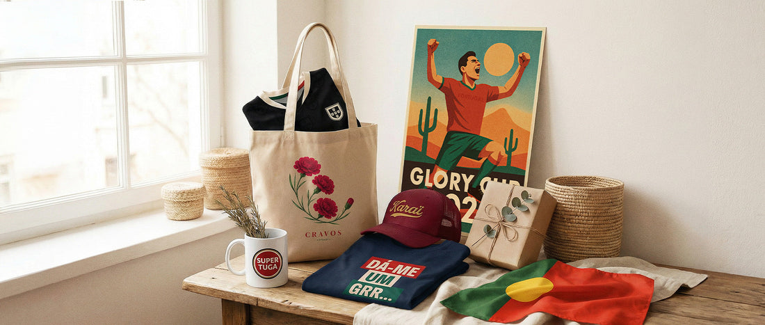 Cadeaux portugais TifoArt sur un banc en bois près d'une fenêtre : sac Cravos aux œillets du 25 avril, poster, mug Super Tuga, casquette Karaï et paquet cadeau.