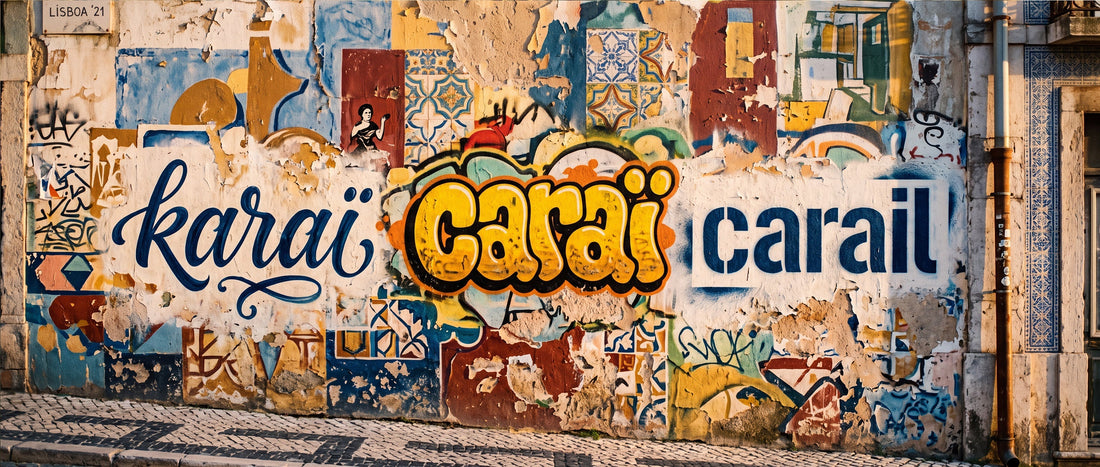 Fresque murale à Lisbonne avec le mot karaï peint en trois orthographes et trois styles différents, caraï et carail