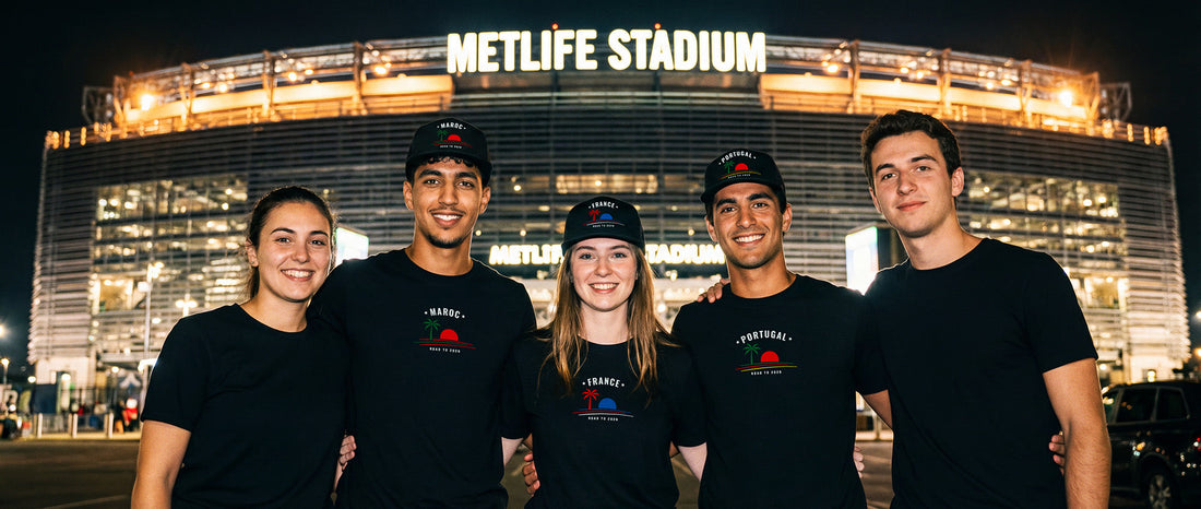 Cinq supporters Nations 2026 TifoArt devant le MetLife Stadium, casquettes trucker et t-shirts Maroc France Portugal fond noir