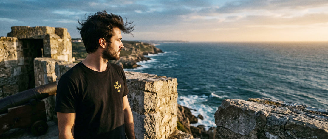 Croix de l'Ordre du Christ dorée sur un t-shirt noir, face à l'océan Atlantique depuis une forteresse portugaise