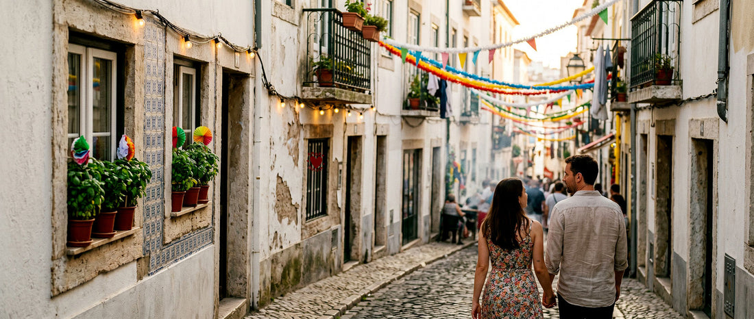 Ruelle d'Alfama à Lisbonne décorée de guirlandes pour les Santos Populares, lumière dorée du soir