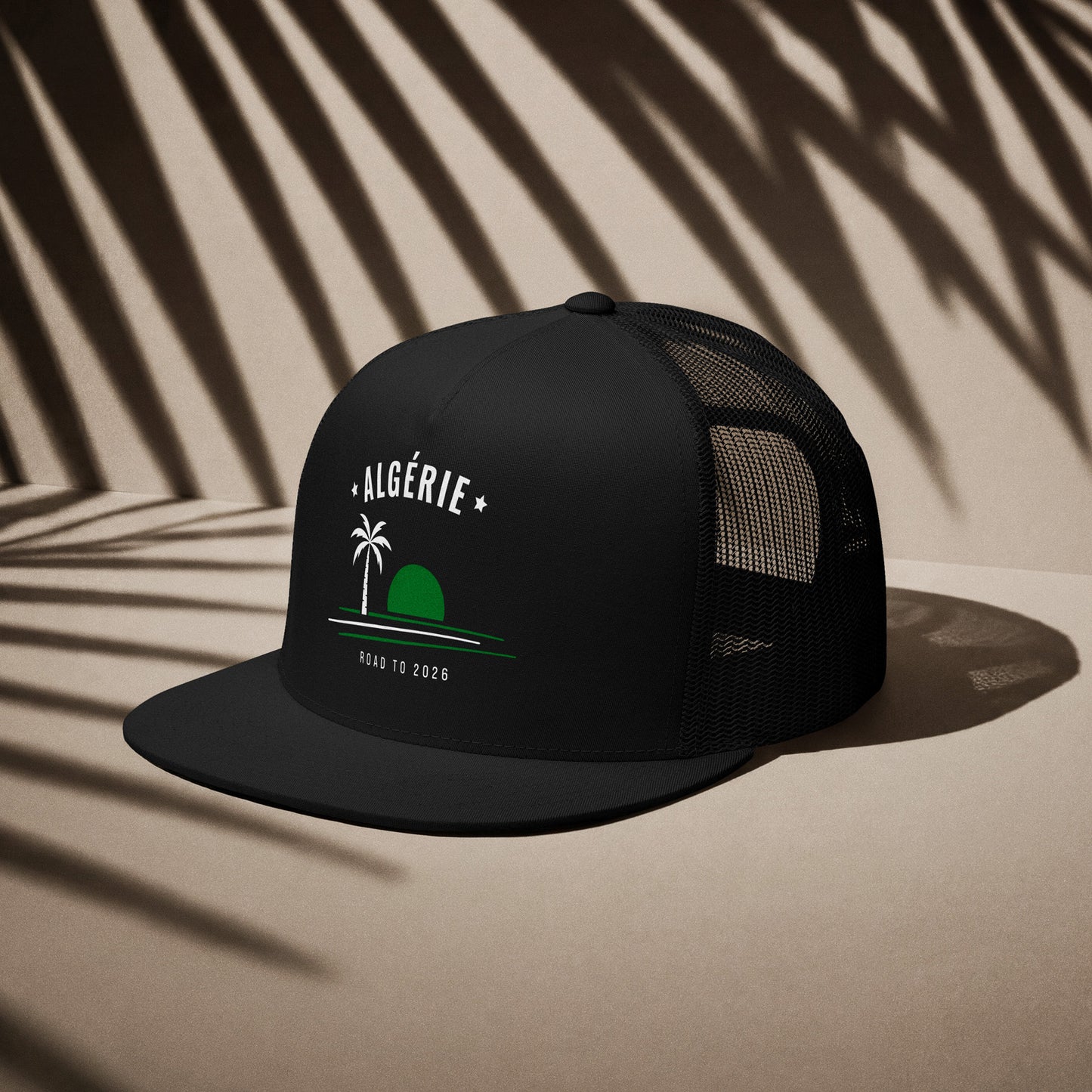 Casquette trucker noire supporter Algérie avec motif palmier aux couleurs vert et blanc du drapeau algérien, DTF TifoArt