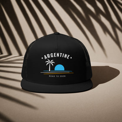 Casquette trucker noire supporter Argentine avec motif palmier aux couleurs bleu ciel et blanc du drapeau argentin, DTF TifoArt