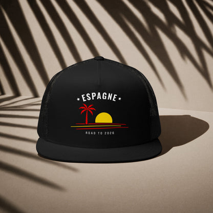 Casquette trucker noire supporter Espagne avec motif palmier aux couleurs jaune et rouge du drapeau espagnol, DTF TifoArt