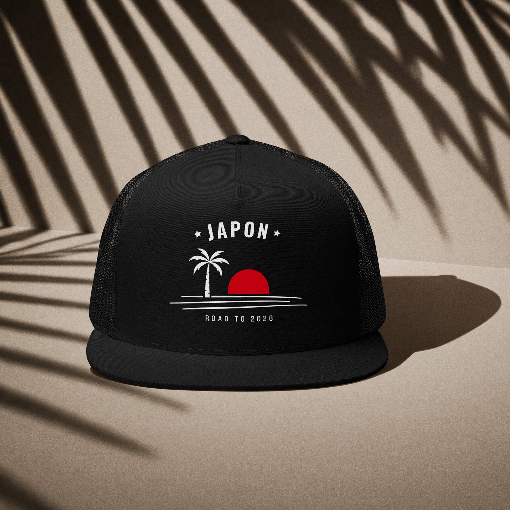 Casquette trucker noire supporter Japon avec motif palmier aux couleurs rouge et blanc du drapeau japonais, DTF TifoArt