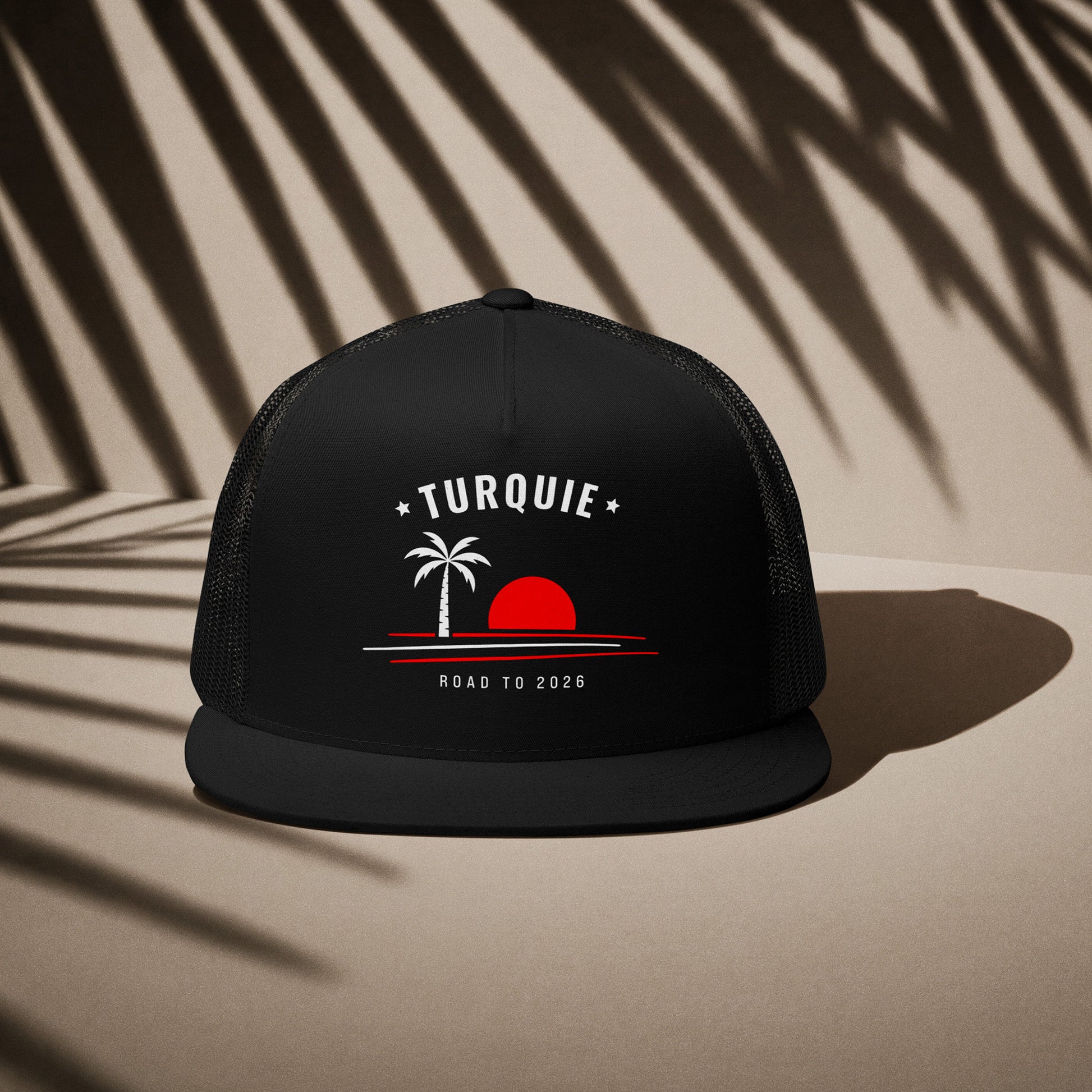 Casquette trucker noire supporter Turquie avec motif palmier aux couleurs rouge et blanc du drapeau turc, DTF TifoArt