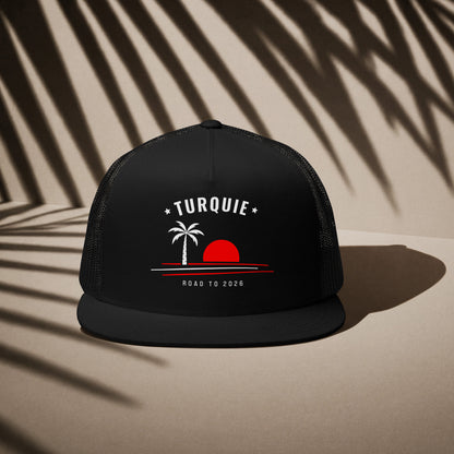 Casquette trucker noire supporter Turquie avec motif palmier aux couleurs rouge et blanc du drapeau turc, DTF TifoArt