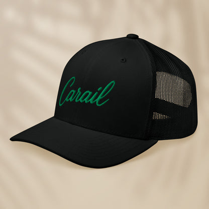 casquette trucker noire brodée carail fil vert vue trois quarts style portugais tifoart