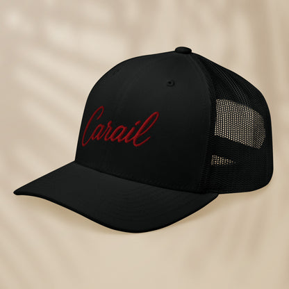 casquette trucker noire brodée carail fil bordeaux vue trois quarts style portugais tifoart