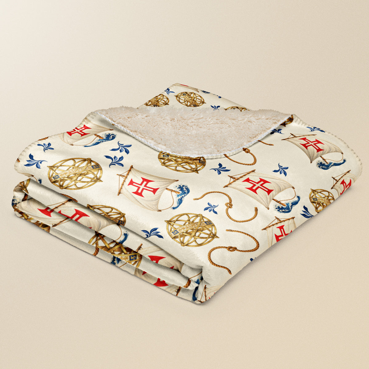 Plaid Descobrimentos plié, croix du Christ et sphères dorées sur fond beige