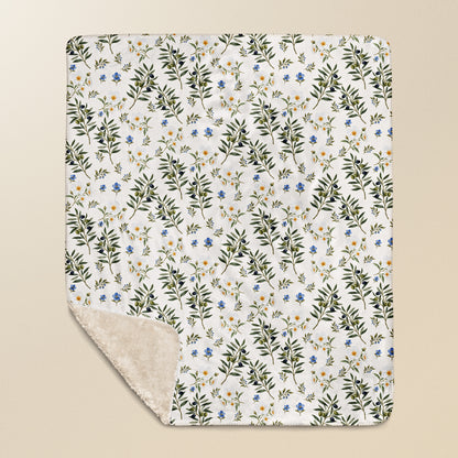 Motif Oliveira à plat, olives, fleurs blanches et bleues, coin relevé