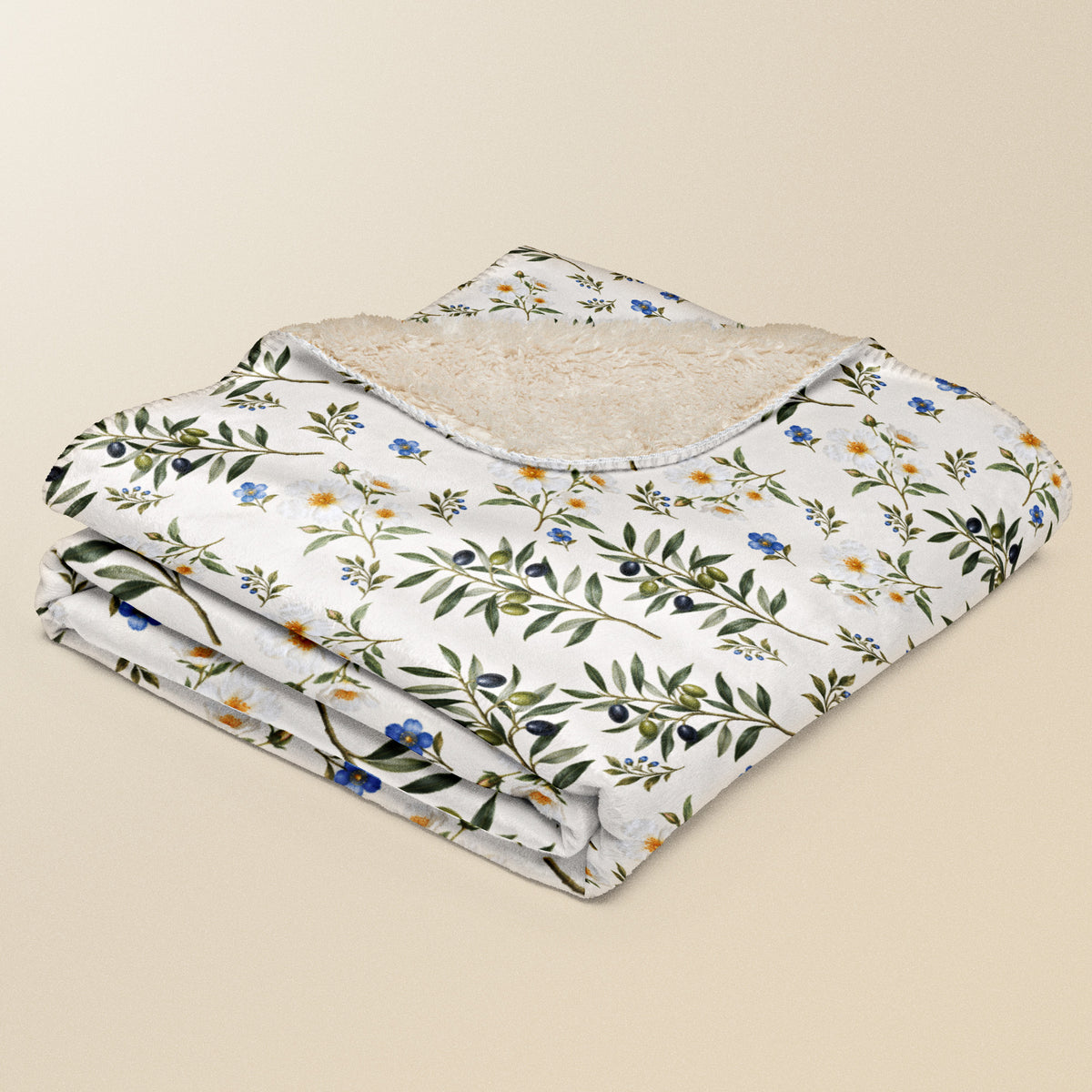 Plaid Oliveira plié, rameaux d'olivier sur fond beige