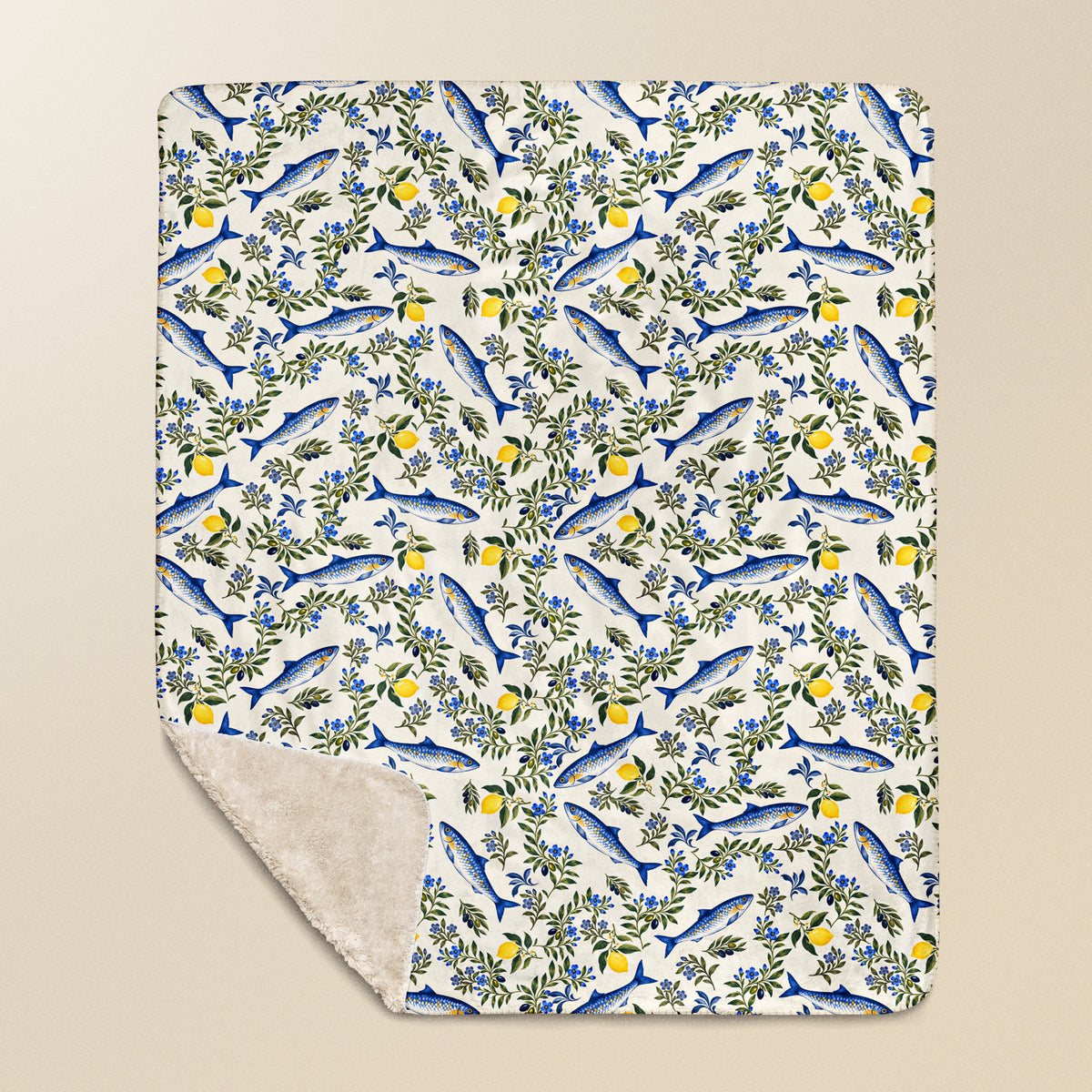 Motif Sardinha à plat, sardines bleues, citrons et rameaux d'olivier, coin relevé