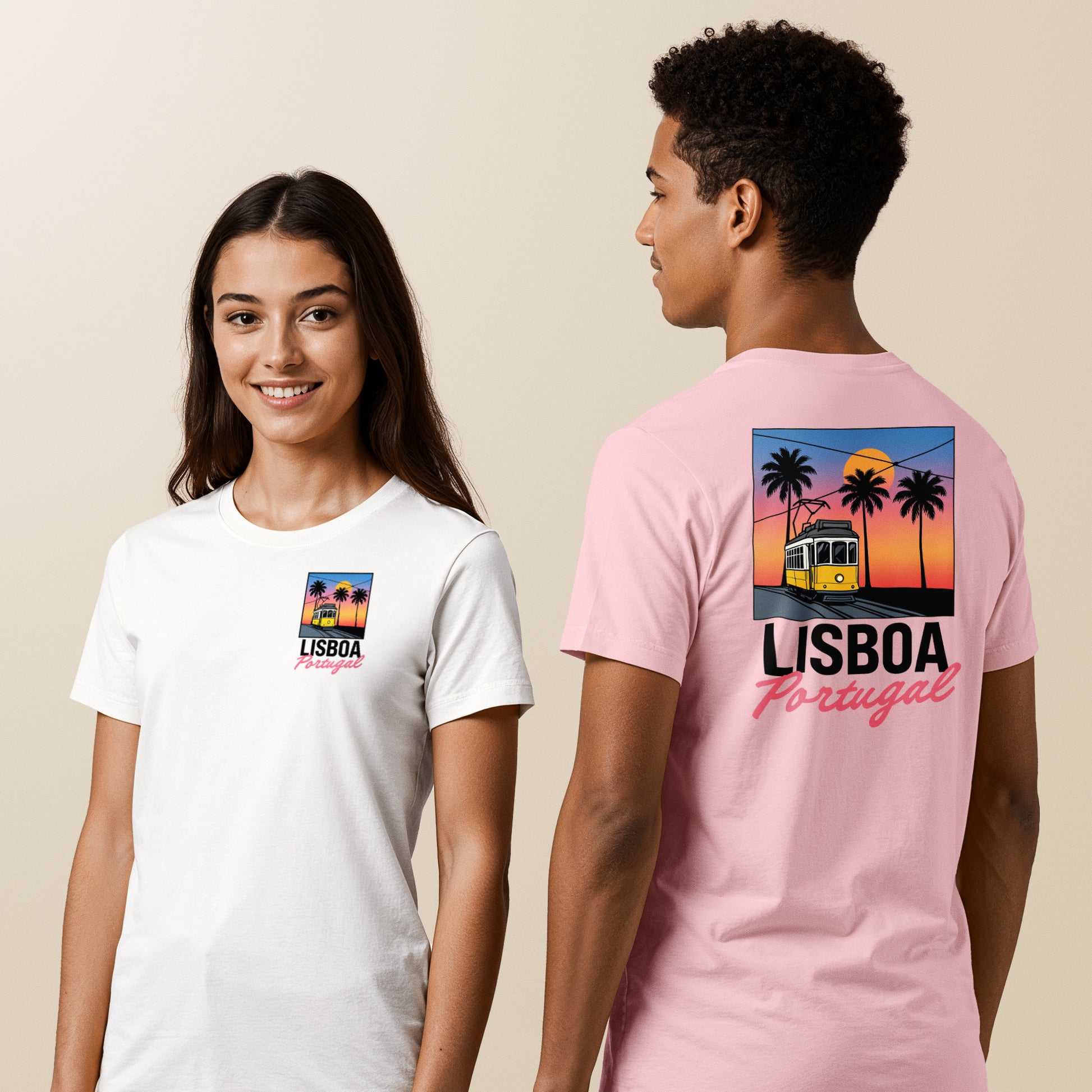 T-shirt Lisboa avec tramway 28 jaune et palmiers sous coucher de soleil sur Lisbonne, coton bio Portugal TifoArt