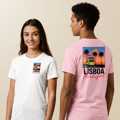 T-shirt Lisboa avec tramway 28 jaune et palmiers sous coucher de soleil sur Lisbonne, coton bio Portugal TifoArt