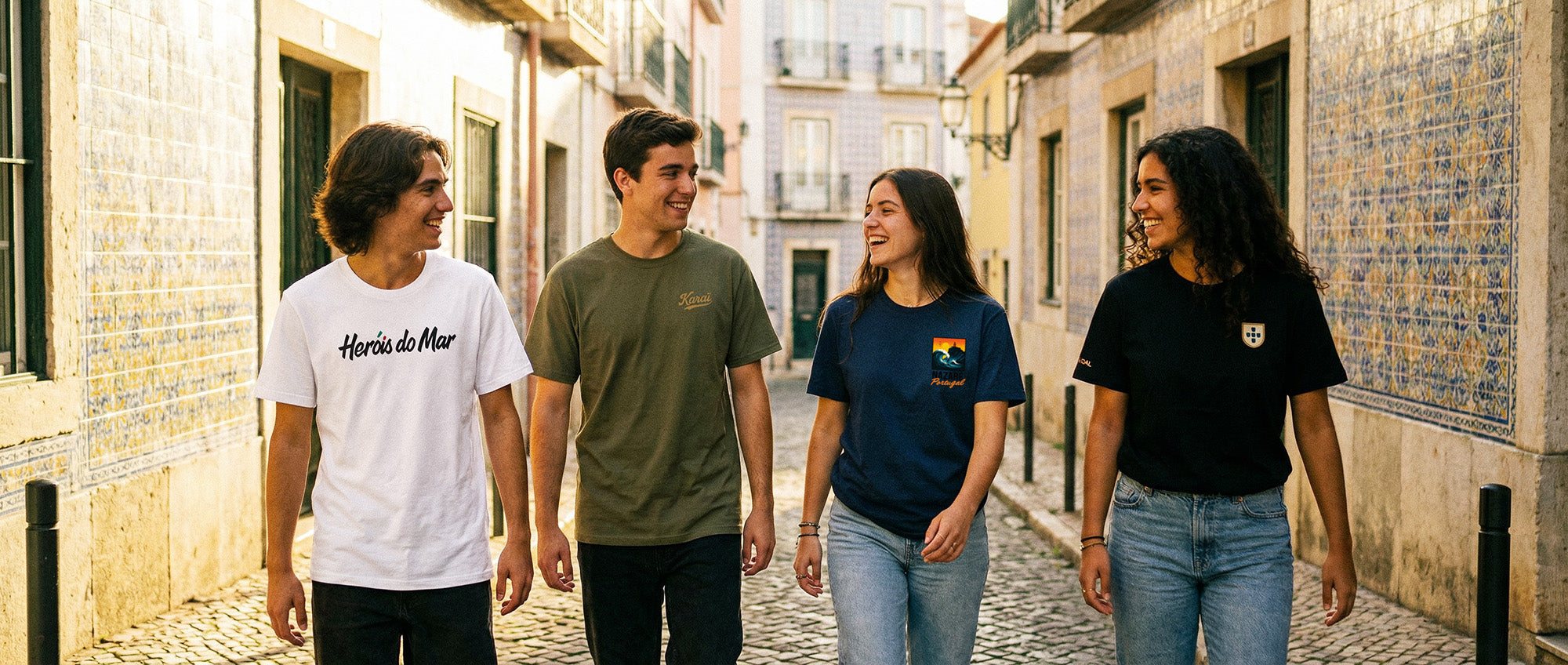 T-shirts Portugal TifoArt portés dans une rue de Lisbonne, mode culture portugaise