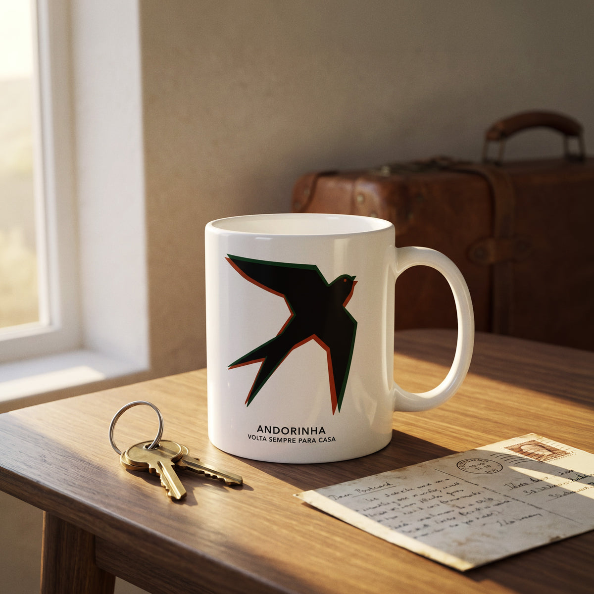 Mug Andorinha posé sur une table en bois près d'une fenêtre, avec des clés, une carte postale manuscrite et une valise en cuir
