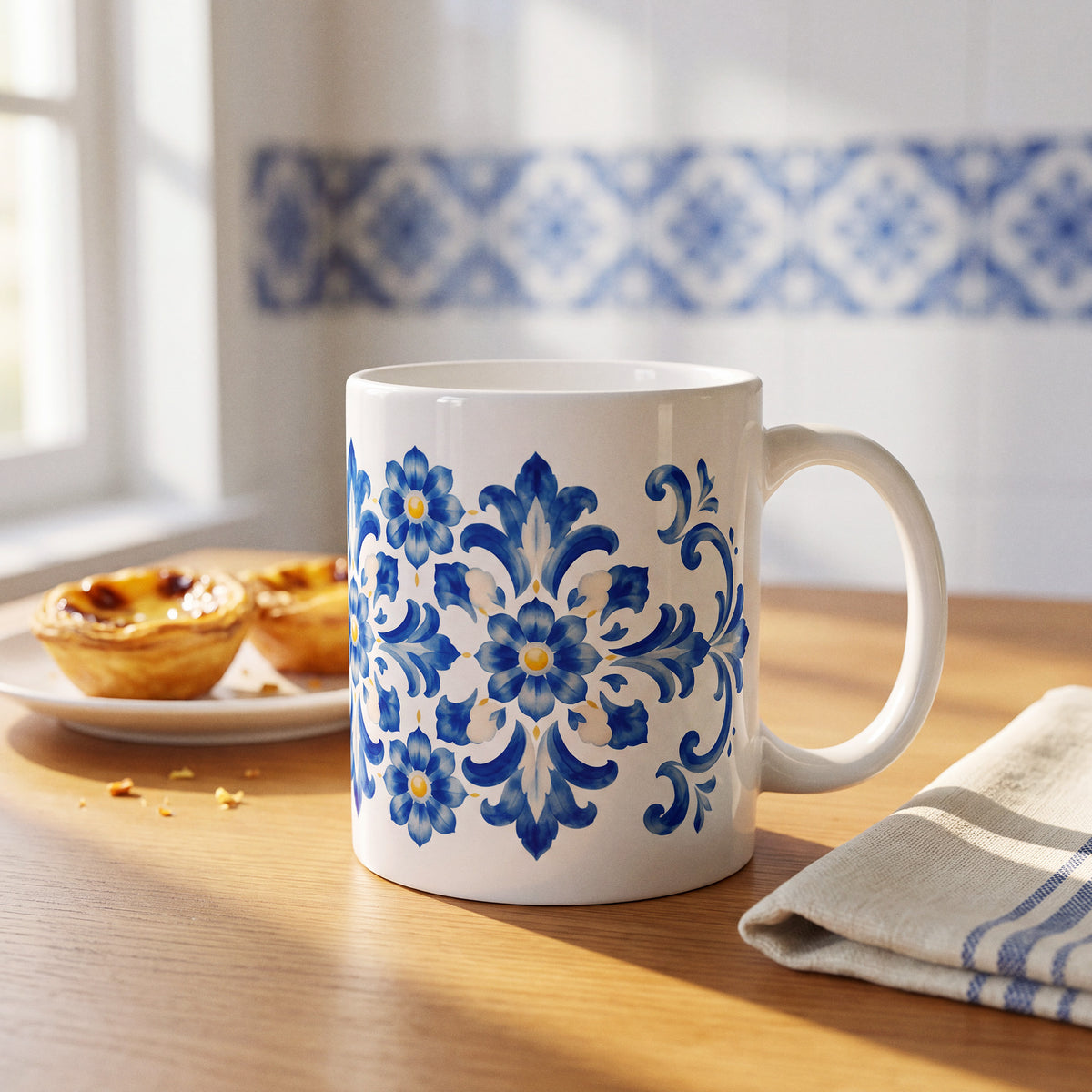 Mug Flor Azulejo posé sur une table en bois avec des pastéis de nata, frise d'azulejos bleus au mur