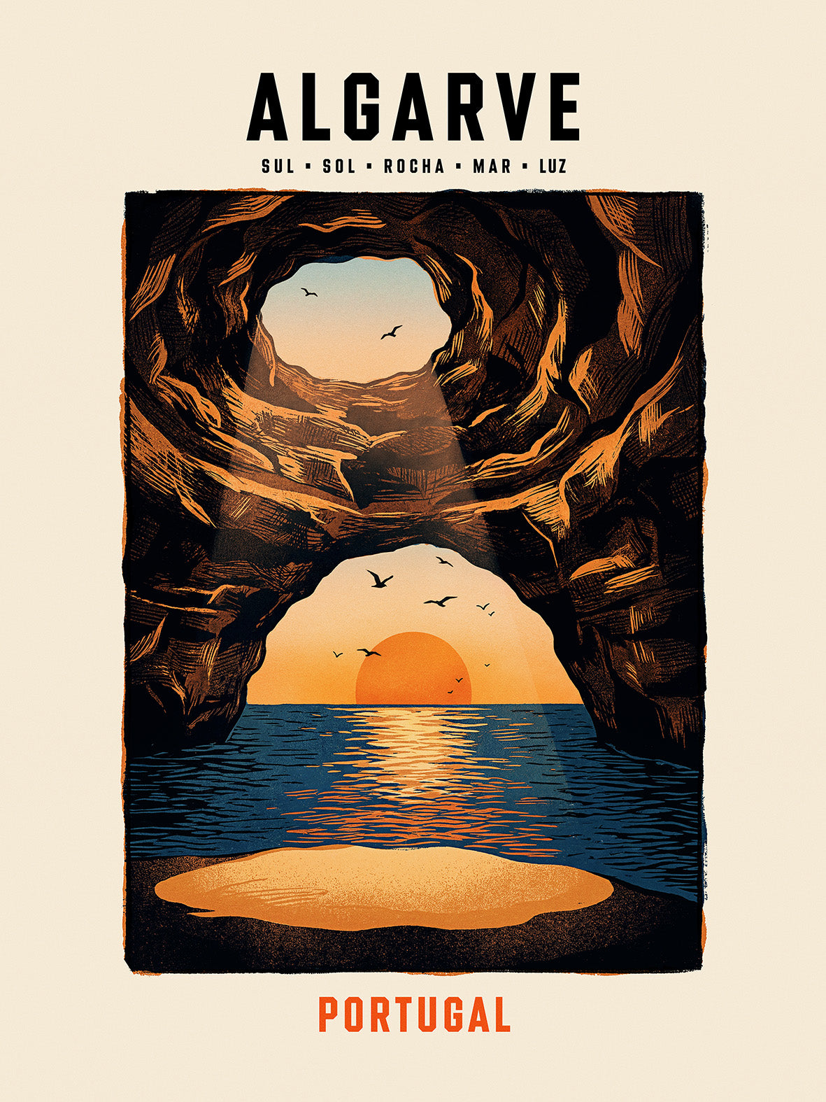 Poster illustration grotte de l'Algarve puits de lumière sur la mer Portugal TifoArt