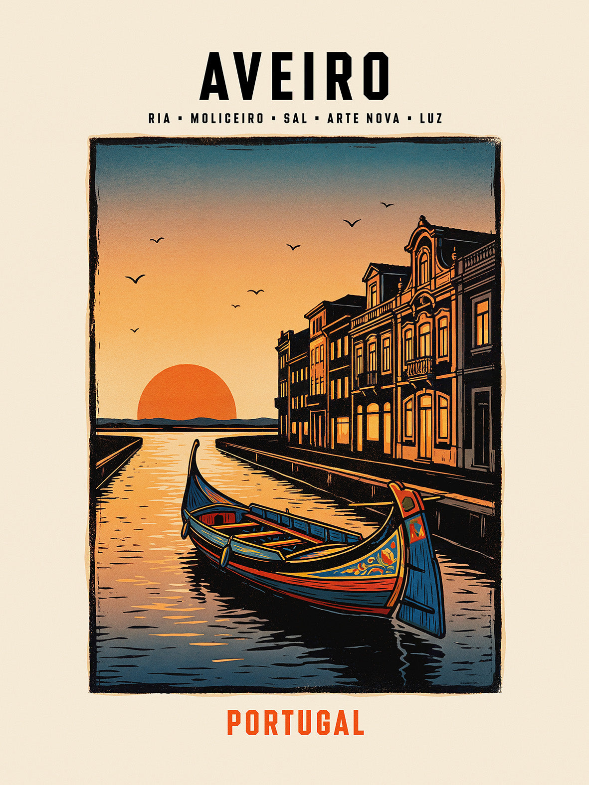 Poster illustration moliceiro canaux Art nouveau Aveiro Portugal TifoArt