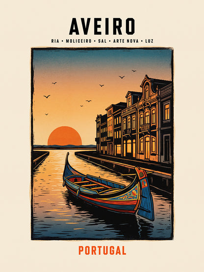 Poster illustration moliceiro canaux Art nouveau Aveiro Portugal TifoArt