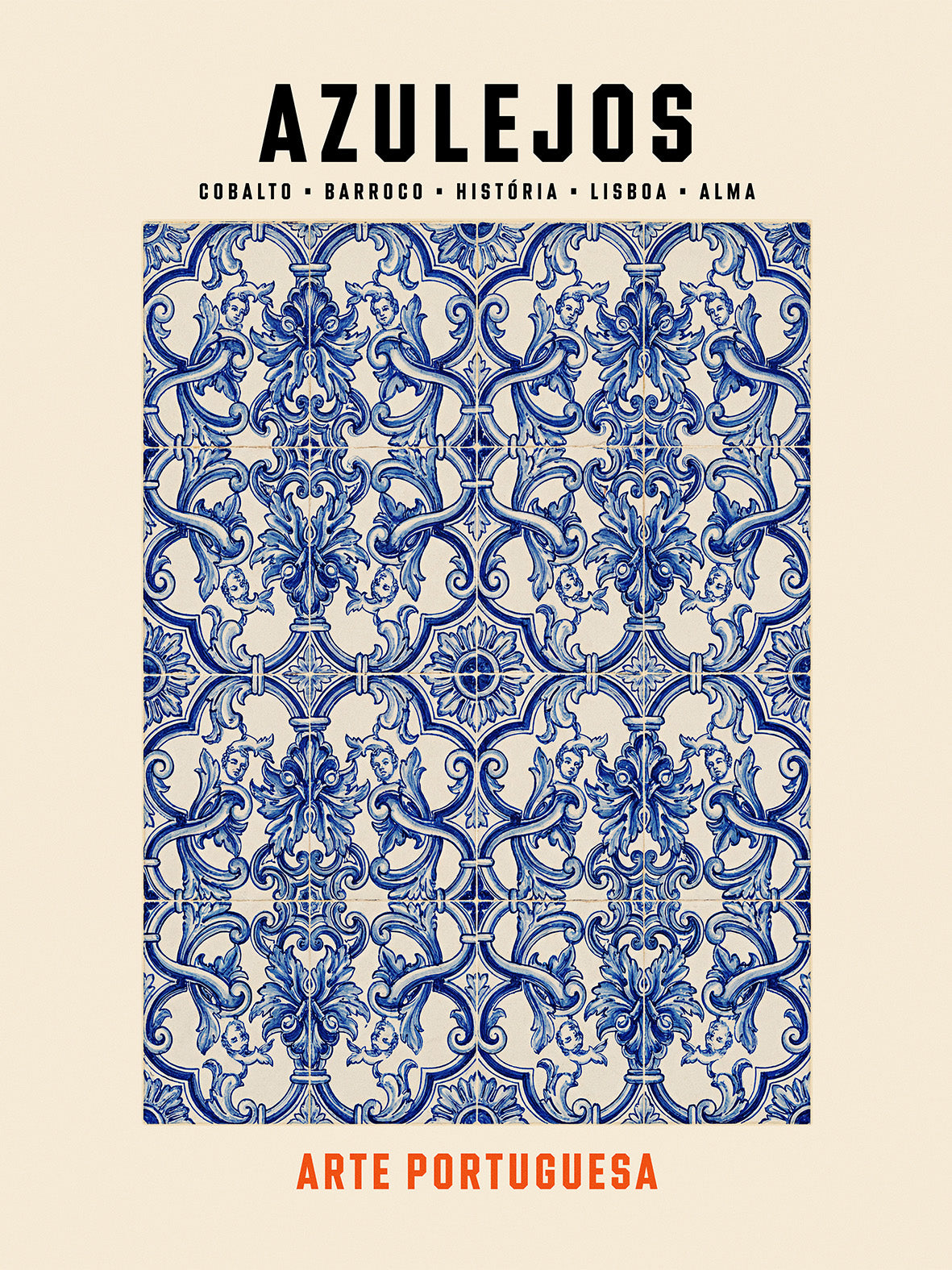Poster illustration Azulejos motif baroque bleu cobalt angelots rinceaux art portugais TifoArt