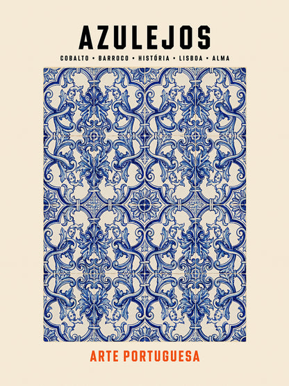 Poster illustration Azulejos motif baroque bleu cobalt angelots rinceaux art portugais TifoArt