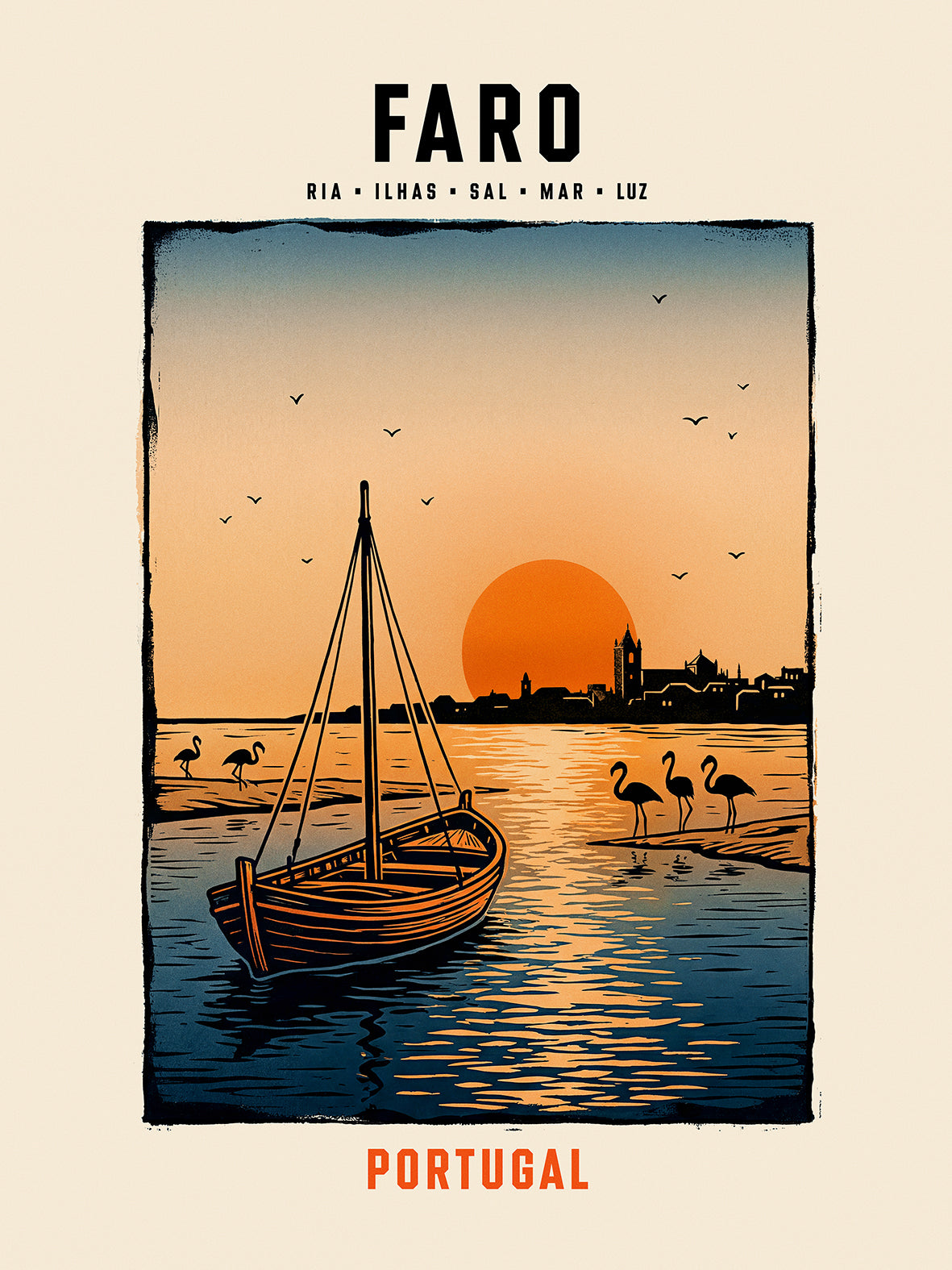 Poster illustration Ria Formosa flamants roses lagune Faro Algarve Portugal TifoArt