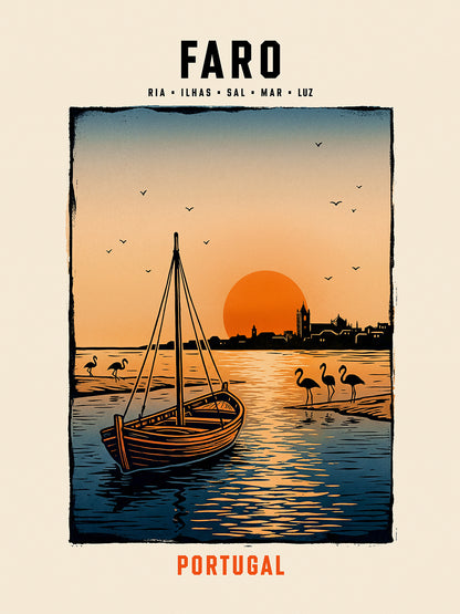 Poster illustration Ria Formosa flamants roses lagune Faro Algarve Portugal TifoArt