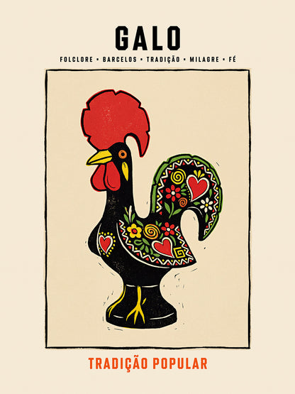 Poster illustration Galo de Barcelos coq portugais noir crête rouge folklore tradition TifoArt