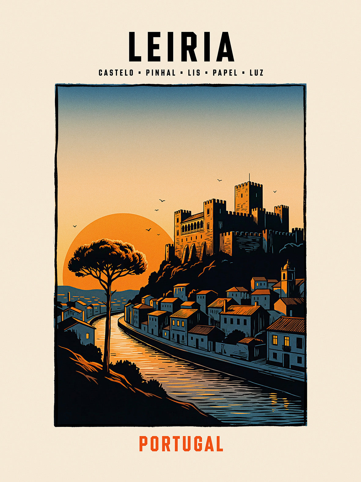 Poster illustration château médiéval pin parasol rivière Lis Leiria Portugal TifoArt