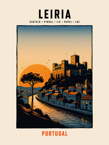 Poster illustration château médiéval pin parasol rivière Lis Leiria Portugal TifoArt