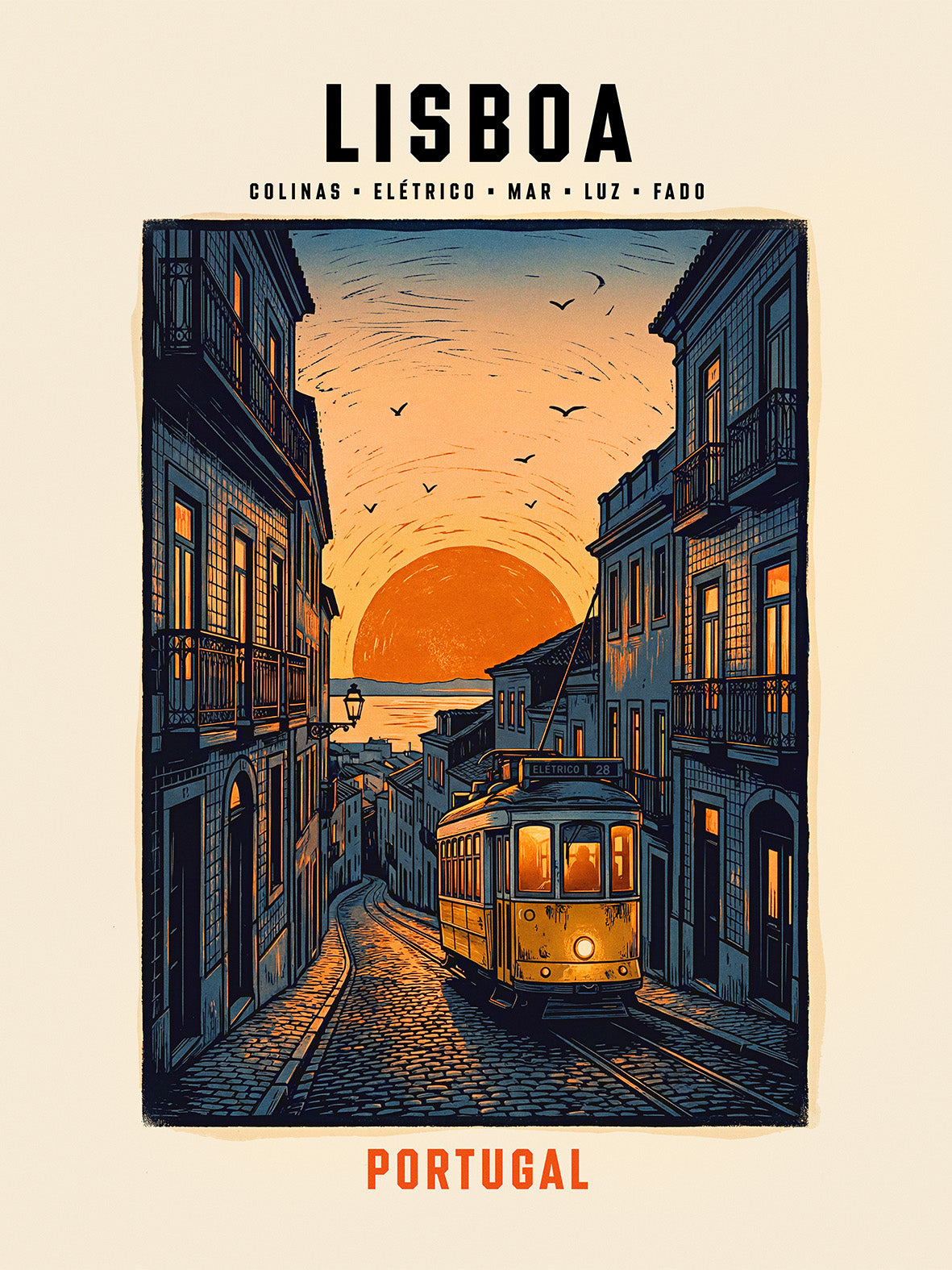 Poster linogravure Lisboa tramway Elétrico 28 ruelle pavée coucher de soleil Alfama TifoArt