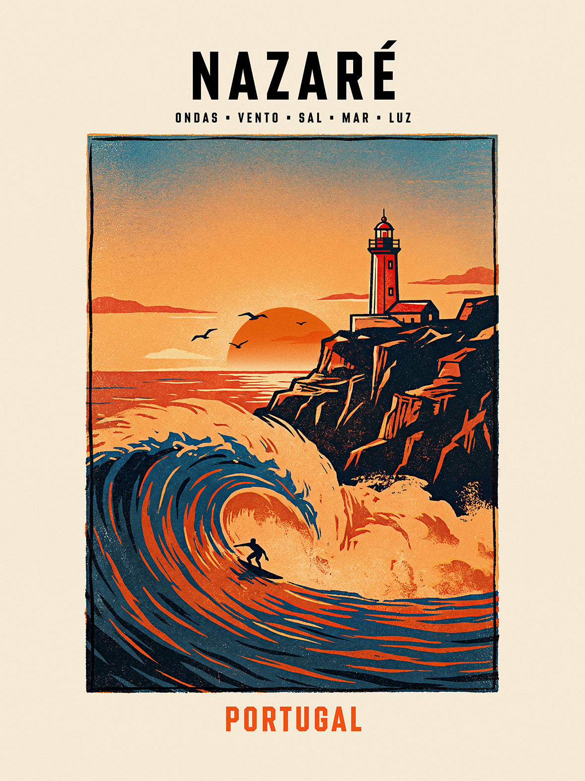 Poster illustration Nazaré vague géante surfeur phare coucher de soleil Praia do Norte TifoArt