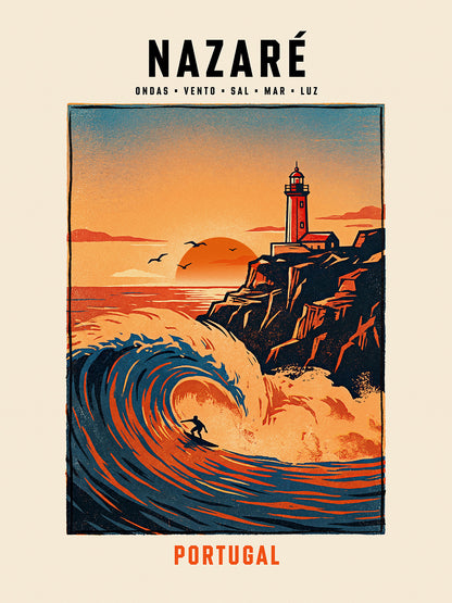Poster illustration Nazaré vague géante surfeur phare coucher de soleil Praia do Norte TifoArt