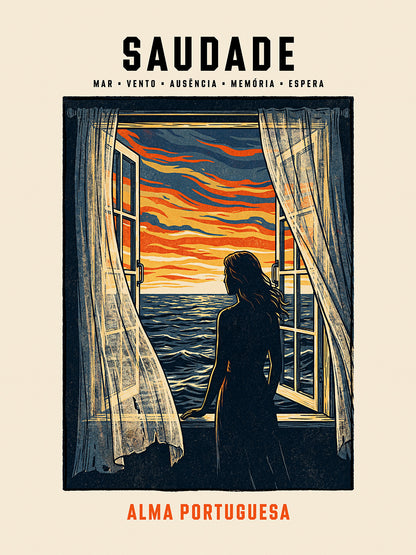 Poster illustration Saudade silhouette femme fenêtre océan ciel strié âme portugaise TifoArt