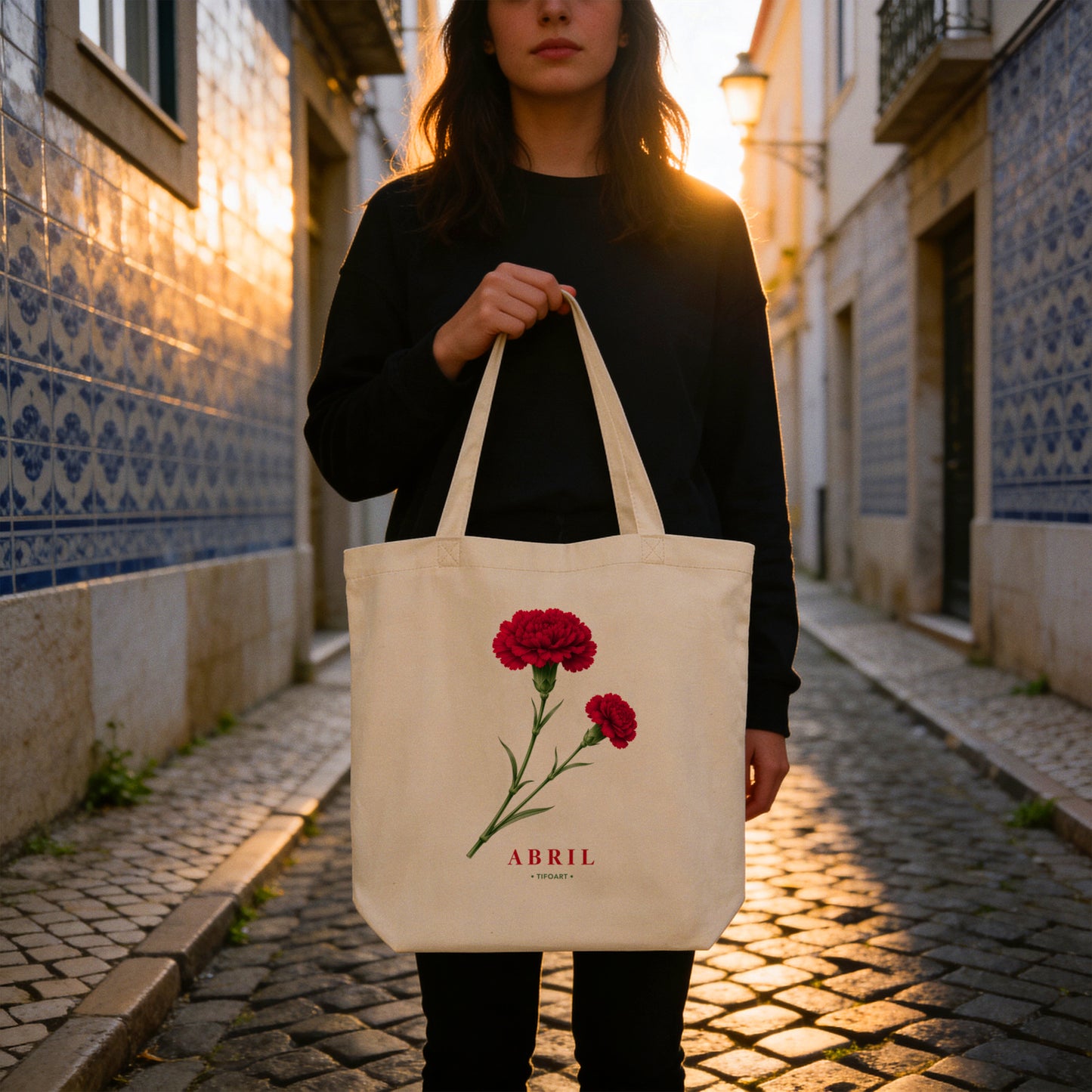 Sac tote Abril porté à l'épaule dans une ruelle d'Alfama Lisbonne au printemps, œillet rouge et bouton, TifoArt