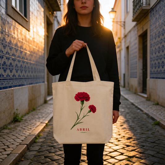 Sac tote Abril porté à l'épaule dans une ruelle d'Alfama Lisbonne au printemps, œillet rouge et bouton, TifoArt