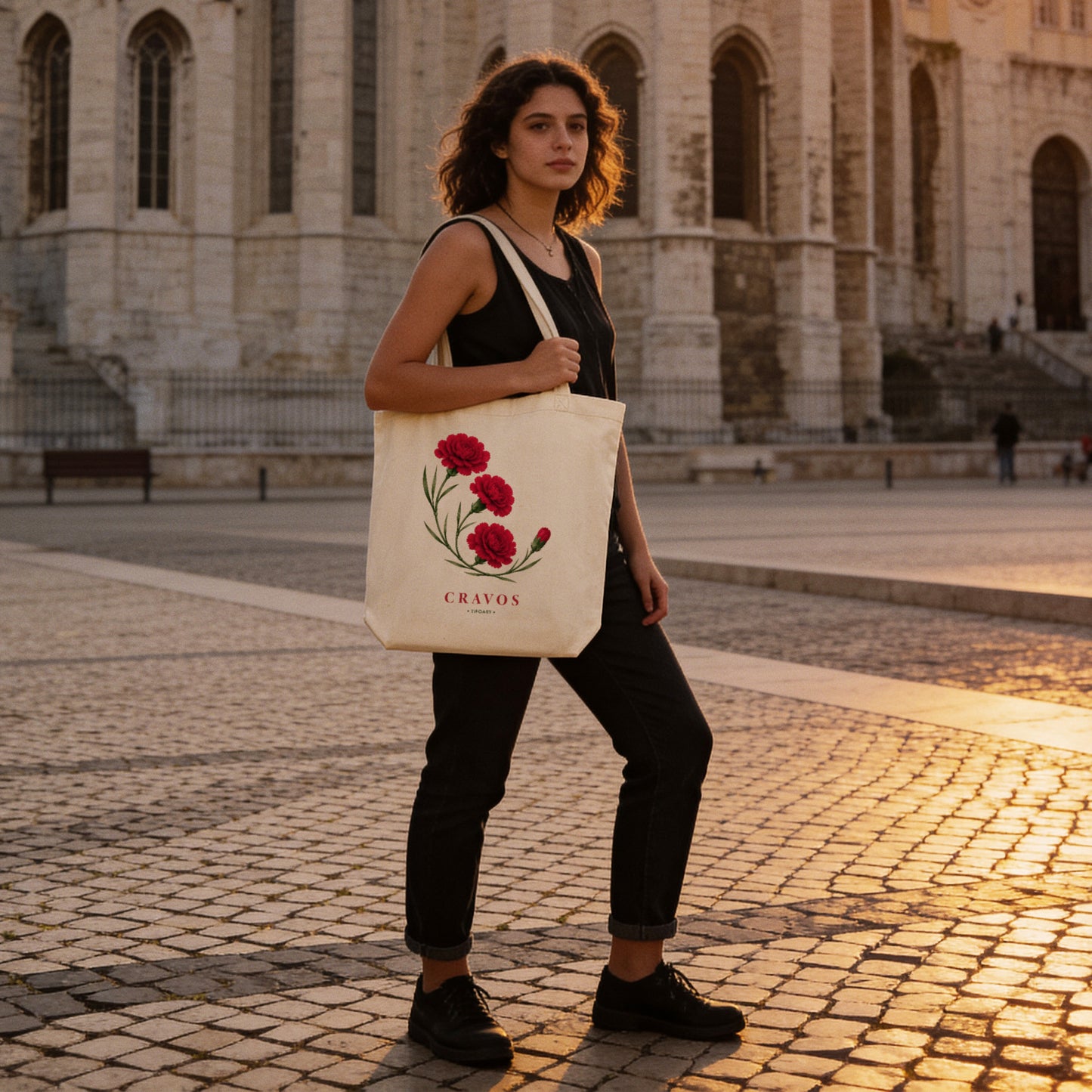 Sac tote Cravos porté à l'épaule à Largo do Carmo Lisbonne au coucher de soleil, bouquet d'œillets rouges, TifoArt