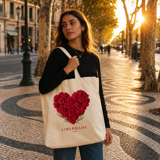 Sac tote Liberdade porté à l'épaule sur Avenida da Liberdade à Lisbonne au coucher de soleil, cœur d'œillets rouges, TifoArt