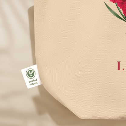 Détail tissu coton biologique certifié GOTS du sac tote Liberdade, série Œillets 25 avril Portugal TifoArt
