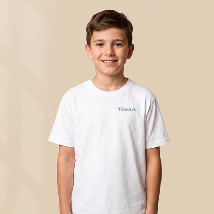 T-shirt enfant blanc Azulejos porté par un enfant, motif de carreaux portugais TifoArt