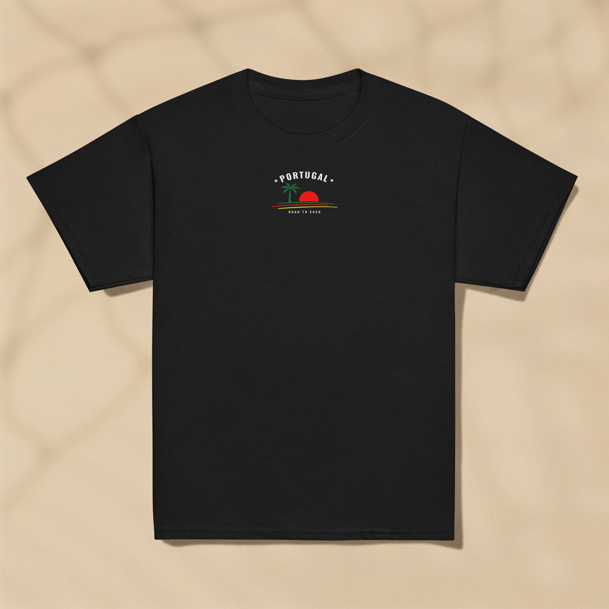 T-shirt enfant noir Portugal Nations 2026 à plat, design palmier Seleção TifoArt