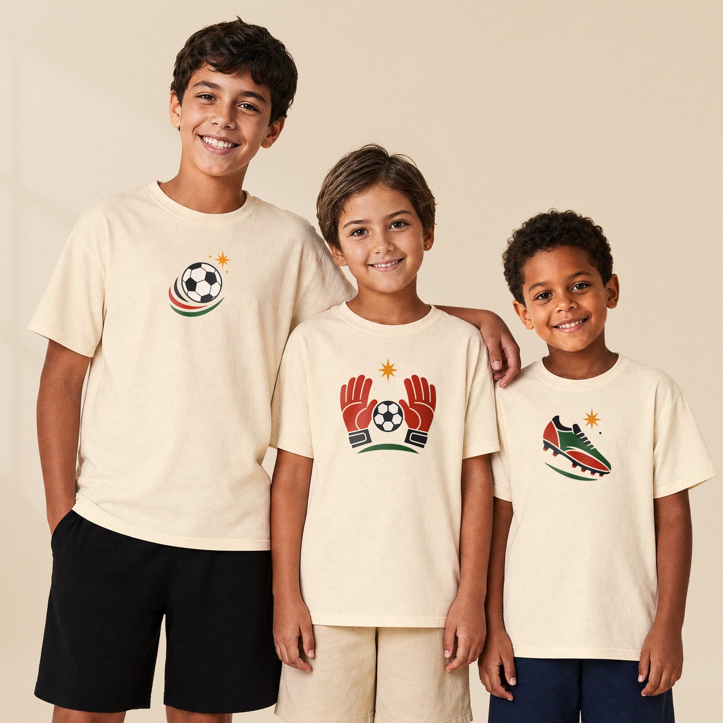 Trois enfants portent les t-shirts de la série Petits Champions Foot enfant TifoArt